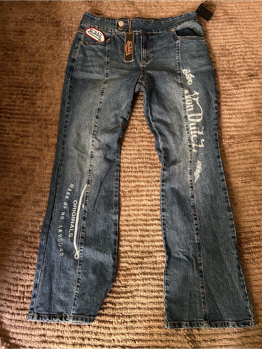 Von Dutch Blue Denim Flare Jeans with White Graphics